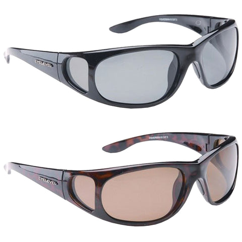 Two pairs of sunglasses are displayed side by side one pair has black frames and dark lenses while the other pair features tortoiseshell frames with lighter brown lenses both emphasizing a sporty design.