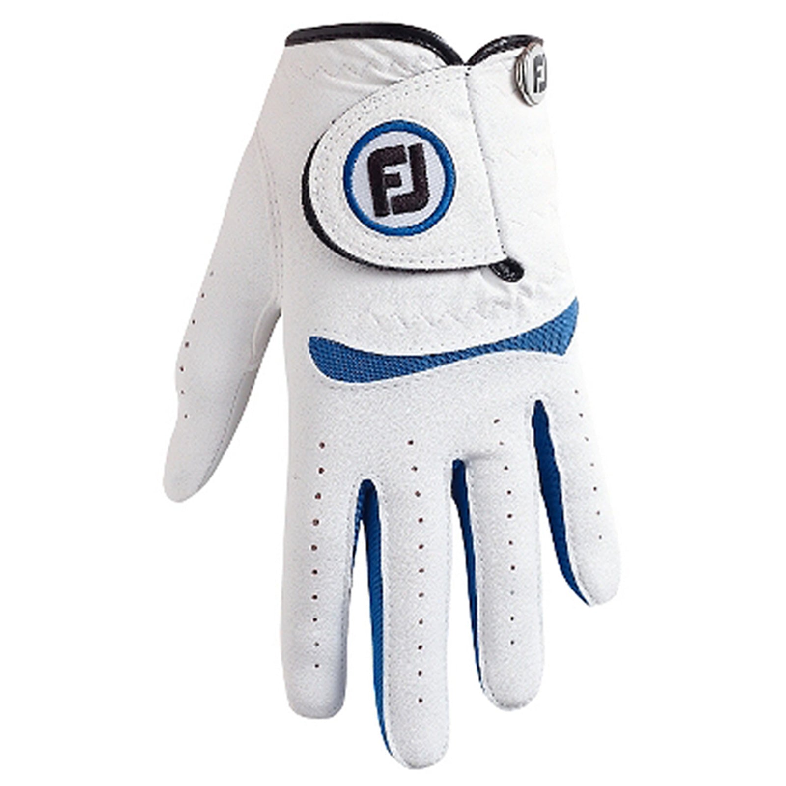 A white golf glove with blue accents is positioned upright showcasing its designed grip features and fastener in a clean and well-lit environment suitable for sports gear presentation.