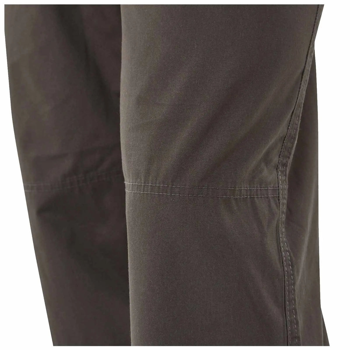 Gray fabric of a pant leg is visible with a focus on the texture and stitching details the background is neutral and out of focus.