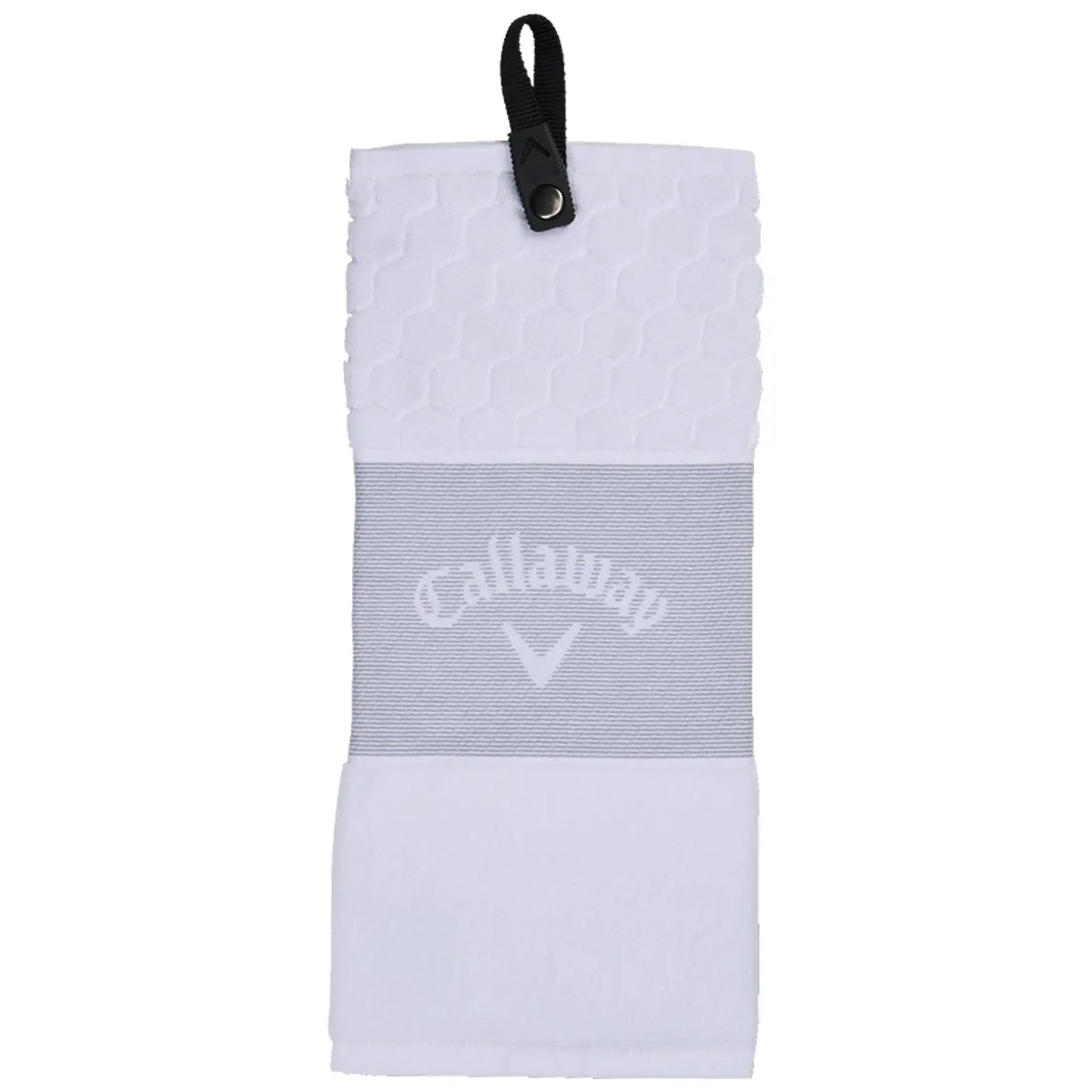 A white golf towel with a textured upper section and a smooth middle band displays the logo Callaway. It features a loop for hanging, suitable for use on the golf course.