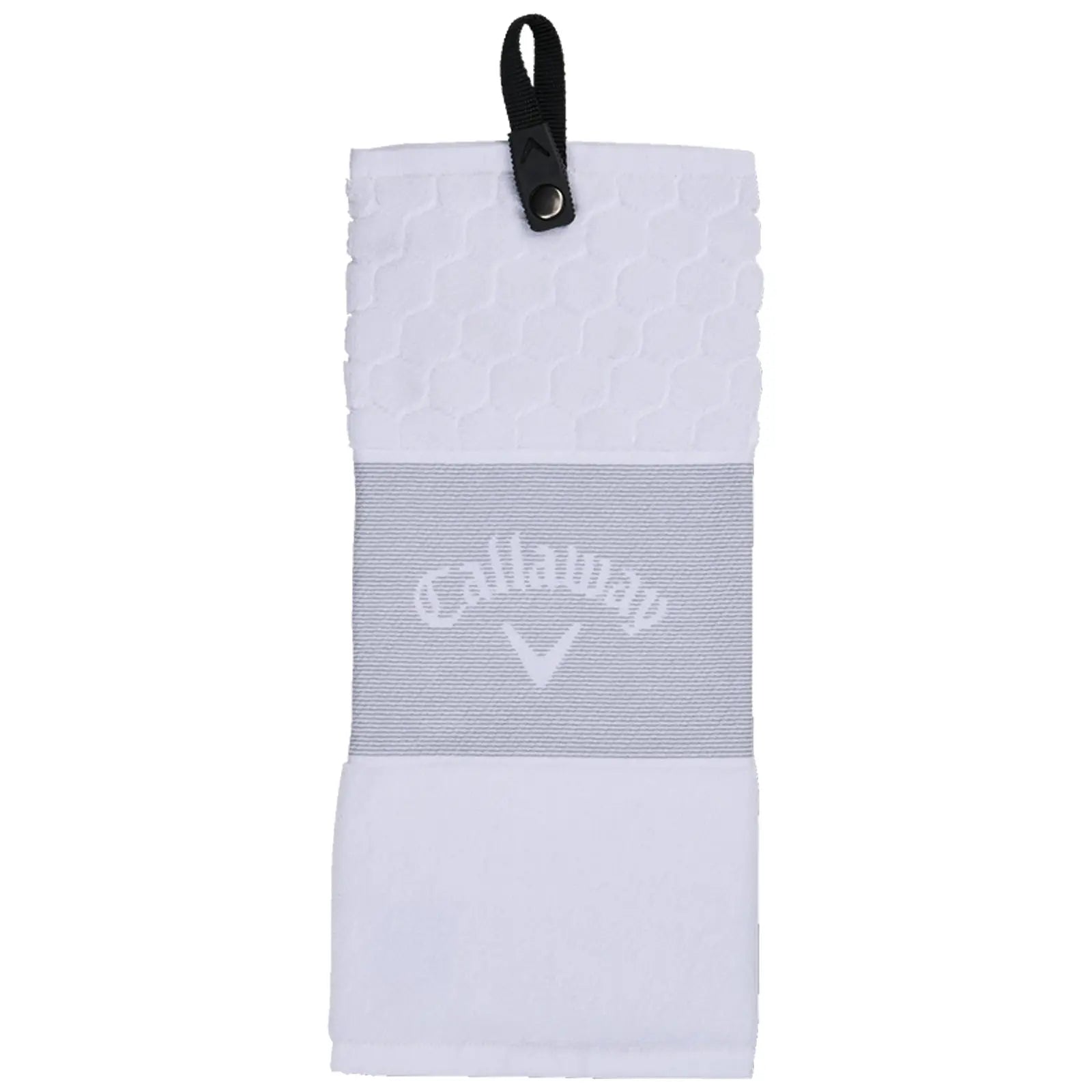 A white golf towel with a textured upper section and a smooth middle band displays the logo Callaway. It features a loop for hanging, suitable for use on the golf course.