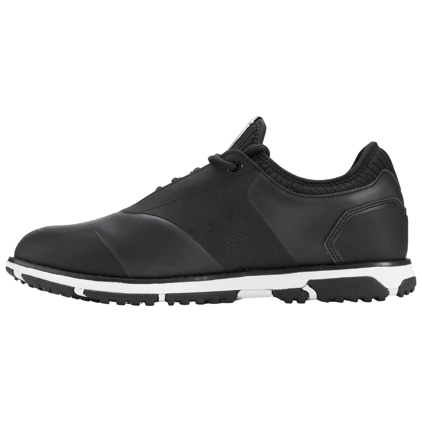 A black athletic shoe with a smooth design and textured side is positioned sideways displaying laces and a rubber sole suitable for outdoor activities on various terrains.