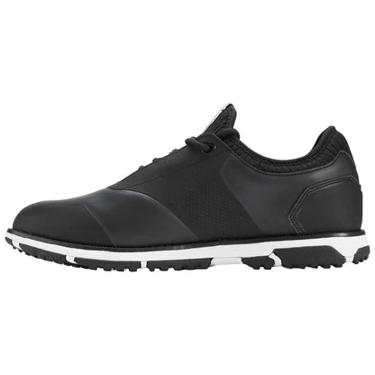 A black athletic shoe with a smooth design and textured side is positioned sideways displaying laces and a rubber sole suitable for outdoor activities on various terrains.