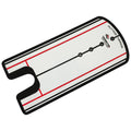 A putting mirror designed for golf practice features a flat rectangular surface with red and black lines for alignment and three circular targets for visual guidance on alignment and stroke.