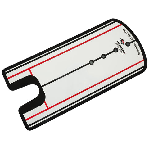 A putting mirror designed for golf practice features a flat rectangular surface with red and black lines for alignment and three circular targets for visual guidance on alignment and stroke.