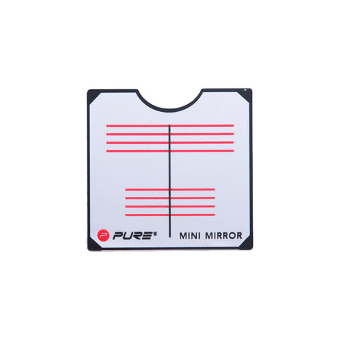 A mini mirror with a white background displays red horizontal lines along with a vertical line in the center designed for calibration or alignment purposes in various contexts.