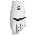 A white golf glove sits upright featuring a secure strap and ventilation holes. It is designed for grip and comfort while playing golf in an outdoor sports environment.