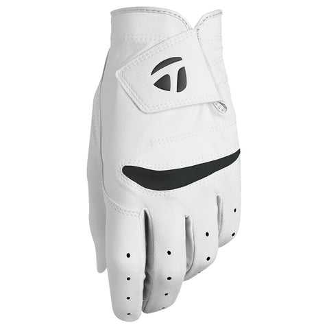 A white golf glove sits upright featuring a secure strap and ventilation holes. It is designed for grip and comfort while playing golf in an outdoor sports environment.