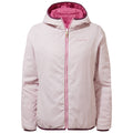 A light pink jacket with a hood is displayed front-facing it features a contrasting inner lining and zippers detailing and is likely designed for casual outdoor wear