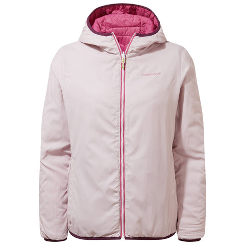 A light pink jacket with a hood is displayed front-facing it features a contrasting inner lining and zippers detailing and is likely designed for casual outdoor wear
