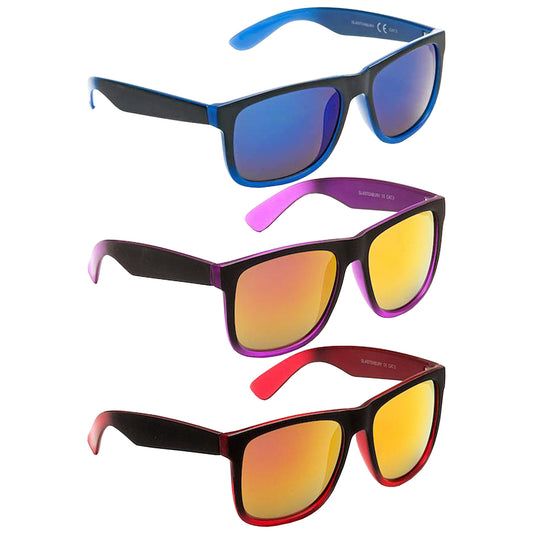 Three pairs of sunglasses are displayed vertically with different colors. The top pair features blue-tinted lenses, the middle has purple frames with yellow lenses, and the bottom pair has red frames with yellow lenses.