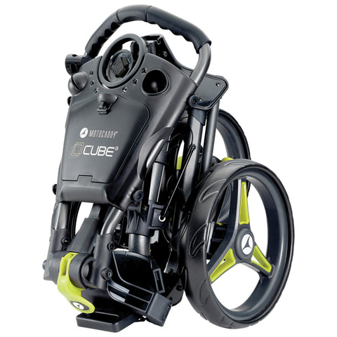 A compact black stroller is folded with a sleek design features a distinctive handle and stylish wheels with bright green accents indicating ease of transport and storage.