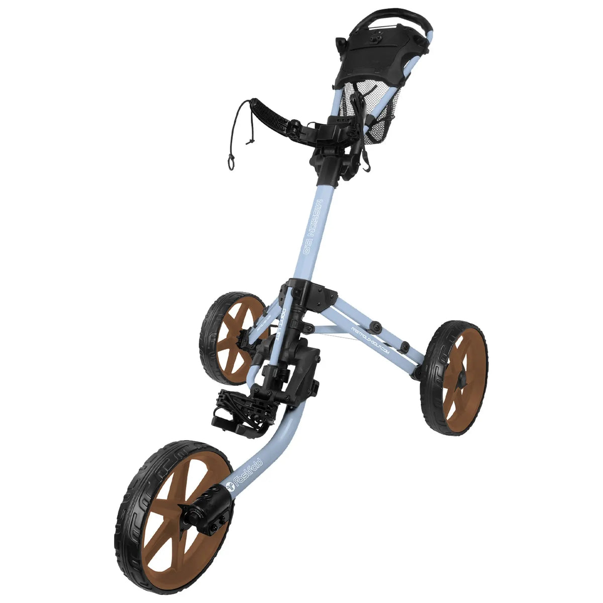 A golf push cart features three wheels with brown accents and a light blue frame. It is designed for transporting golf bags on the course. The handle is equipped for easy maneuvering.
