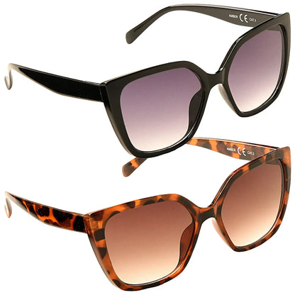 Eyelevel Ladies Amber Sunglasses Two pairs of sunglasses are displayed with the black pair on top and the tortoiseshell pair below both featuring large frames and gradient lenses suitable for sun protection and fashion.