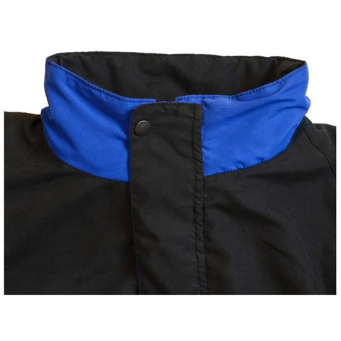A black jacket with a blue collar is displayed. The collar features a snap button closure. The fabric appears smooth and the colors contrast sharply in the design.