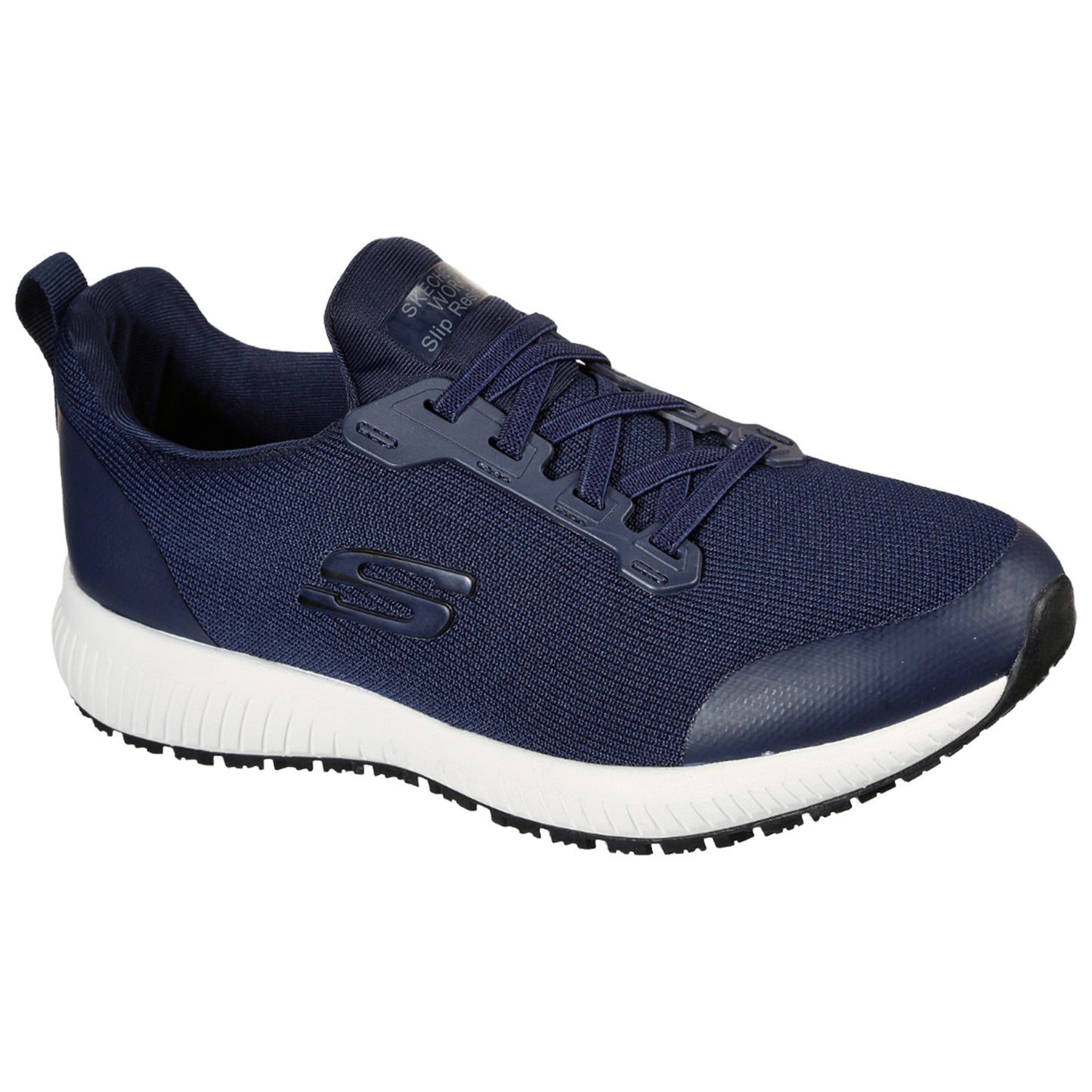 A navy athletic shoe with a breathable mesh upper sits on a flat surface featuring laces and a white midsole with a textured black outsole designed for traction and support.