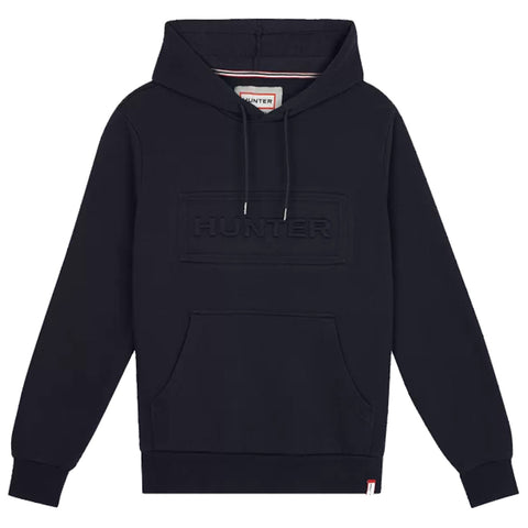 A black hoodie features a front pocket and drawstrings at the neck with an embossed logo that reads HUNTER, displayed against a plain background.