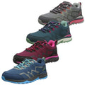 Hi-Tec Ladies Stinger Waterproof Walking Shoes Four pairs of athletic shoes are displayed in a stacked arrangement showcasing various colors including grey blue green and maroon each with distinct design features suitable for outdoor activities.