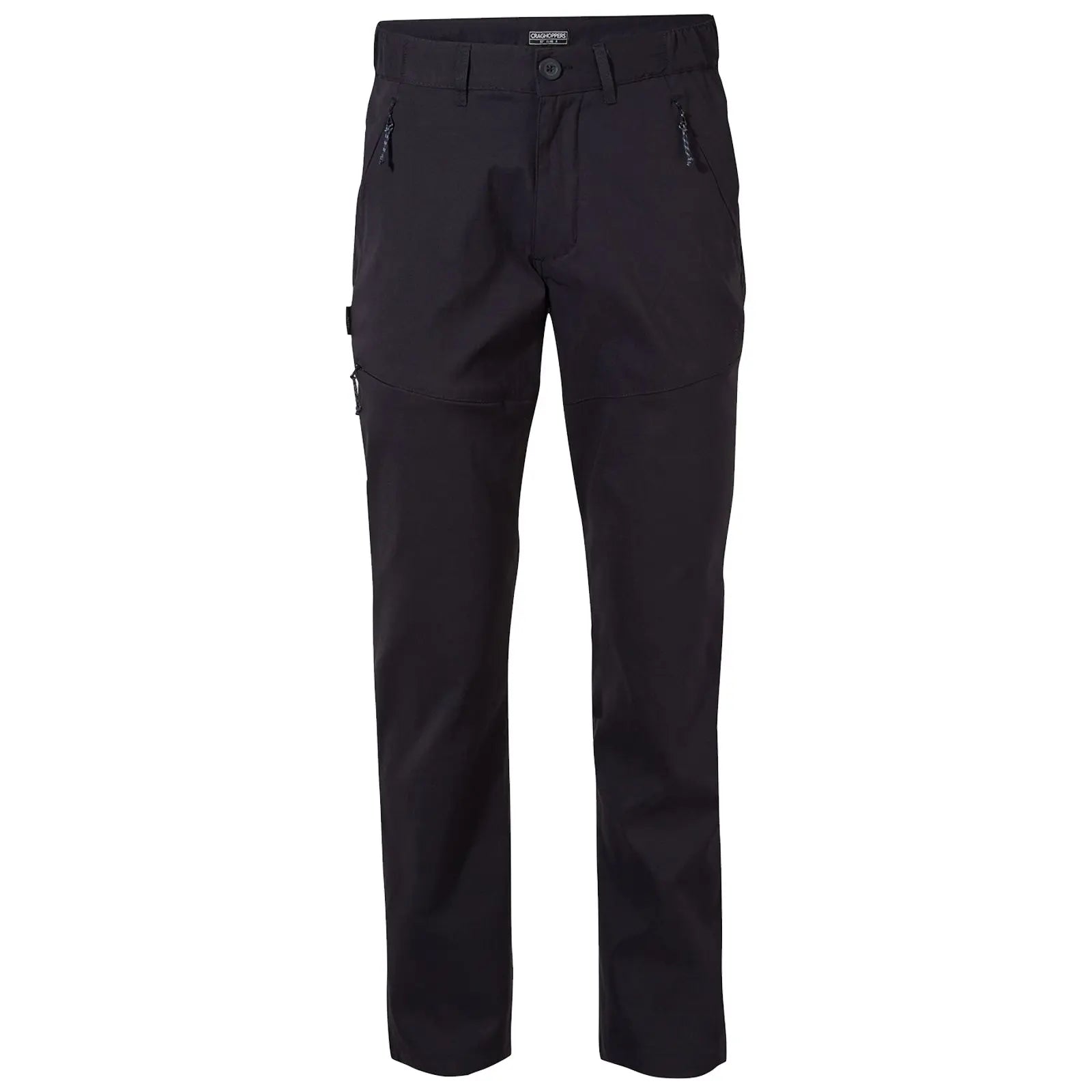Black pants with a straight leg design feature zippered pockets on the front and a button closure at the waist for secure and practical wear suitable for various outdoor activities.