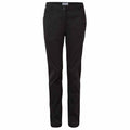 Black trousers are displayed vertically with a button at the waistband and two side pockets showcasing a sleek, fitted design on a plain white background.