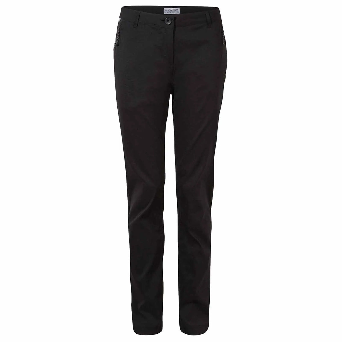Black trousers are displayed vertically with a button at the waistband and two side pockets showcasing a sleek, fitted design on a plain white background.