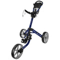 A blue golf push cart with three wheels stands upright featuring a handle and a storage basket. It is designed for transporting golf bags on a course.