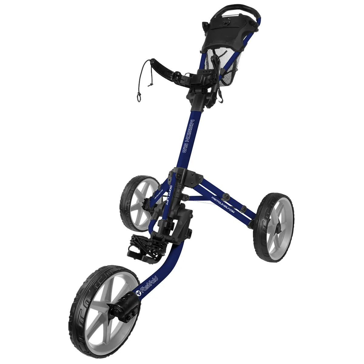 A blue golf push cart with three wheels stands upright featuring a handle and a storage basket. It is designed for transporting golf bags on a course.