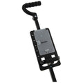 A black assistive device features a handle and a rectangular mounting area for a screen or device with several buttons for function control in a simple design.