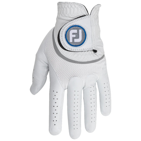 FootJoy Mens Right Hand HyperFLX Golf Glove A white golf glove with a stitching pattern is displayed flat with fingers extended showing perforations for breathability it has a circular logo with FJ on the wrist strap.