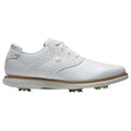 A white golf shoe with a smooth leather surface features perforated designs and a rubber sole with spikes for traction on golf courses, set against a plain background.