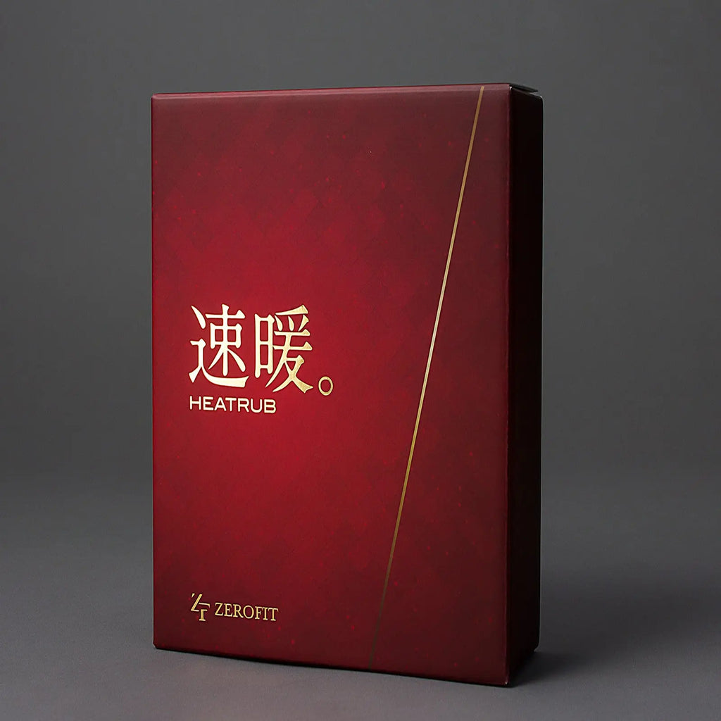 A red product box labeled HEATRUB stands upright against a dark gray background showcasing a sleek design with gold text and a subtle pattern suitable for an athletic or wellness item.