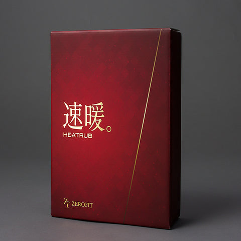 A red product box labeled HEATRUB stands upright against a dark gray background showcasing a sleek design with gold text and a subtle pattern suitable for an athletic or wellness item.