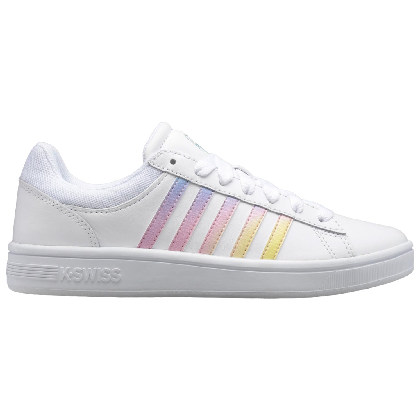 A white sneaker with a flat sole features colorful gradient stripes in pink and yellow along the side while resting on a neutral background accentuating its design and style.