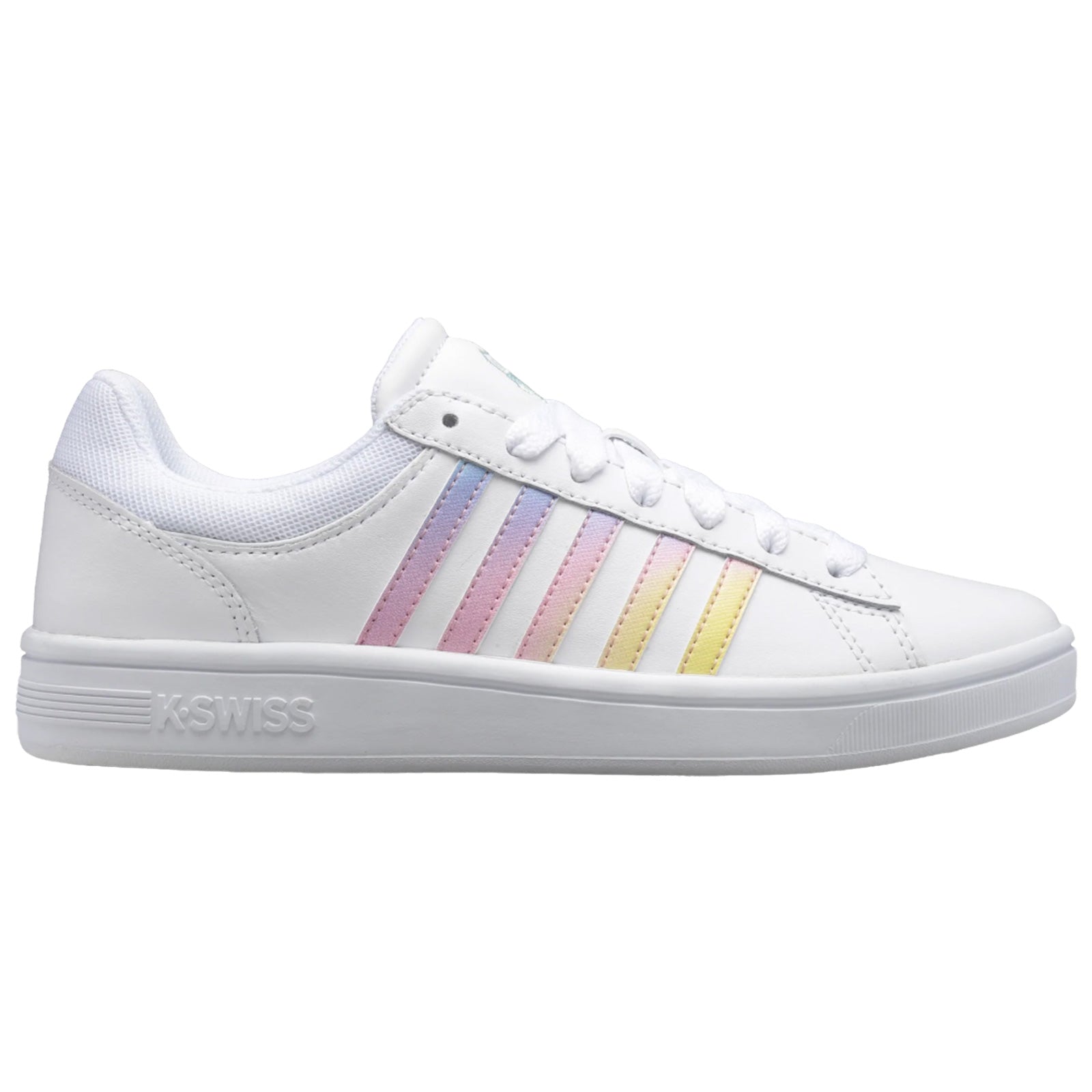 A white sneaker with a flat sole features colorful gradient stripes in pink and yellow along the side while resting on a neutral background accentuating its design and style.