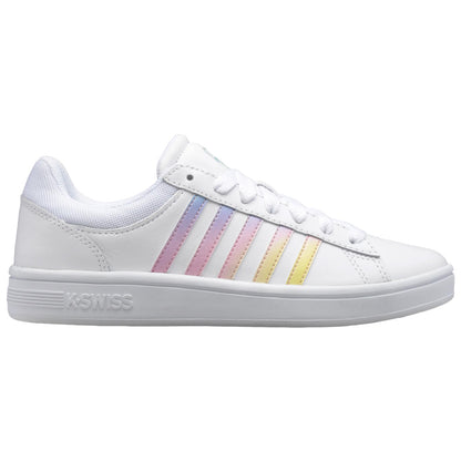 A white sneaker with a flat sole features colorful gradient stripes in pink and yellow along the side while resting on a neutral background accentuating its design and style.