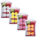 Four packs of colorful plastic practice balls are displayed with various colors including white yellow pink and orange each ball features holes and is designed to simulate flight for practice purposes.