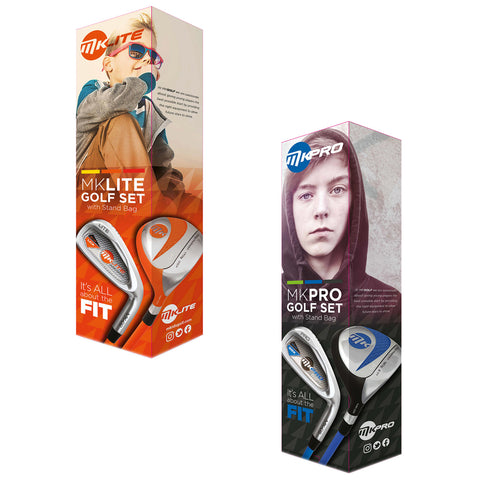 Packaging for two golf sets MKLITE and MKPRO displays golf clubs and bags aimed at youth golfers featuring boys in playful and serious poses with vibrant graphics and slogans emphasizing fit and passion for golf.