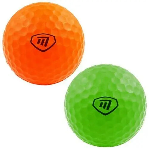 Two textured balls are displayed side by side One is bright orange while the other is vibrant green both featuring a logo in the center