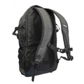 A black backpack features adjustable straps and mesh padding on the back for comfort designed for carrying belongings while commuting or traveling in urban environments.