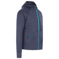 A gray hooded jacket features a geometric quilted design on one side and a solid fabric on the other with a bright blue zipper and accents highlighting its sporty style.