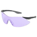 Protective sunglasses with large purple lenses and gray temples rest at an angle emphasizing their wraparound design suitable for outdoor activities or industrial environments