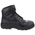 A black tactical boot features a sturdy leather upper and rubber sole with deep treads designed for traction in rough terrains while being suitable for outdoor or work settings.