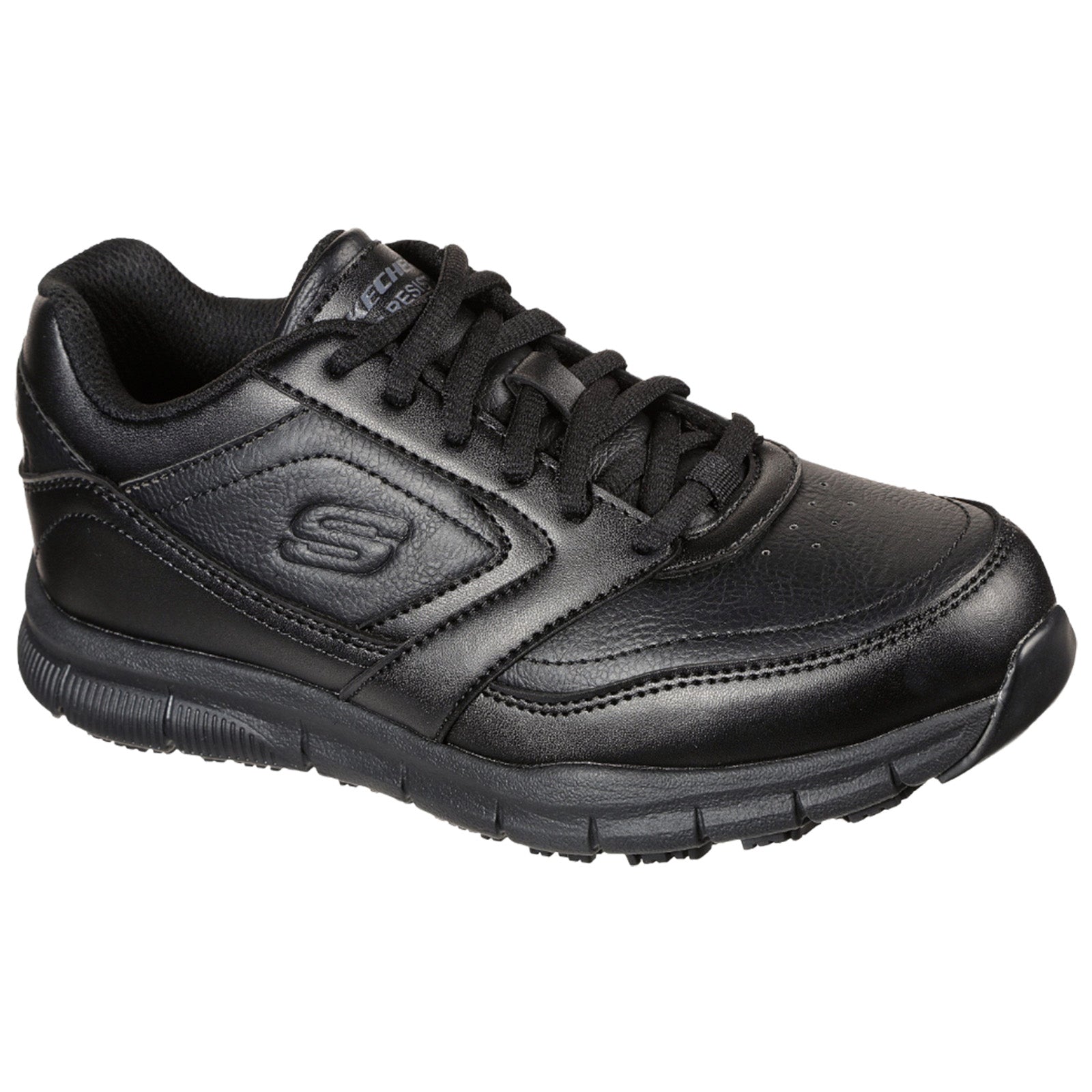 A black athletic shoe with smooth leather and synthetic materials is positioned upright showcasing its rounded toe lacing system and logo highlighting a sporty design suitable for casual or active wear.