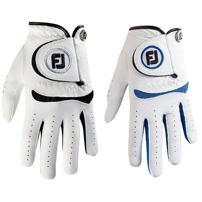 Two golf gloves are displayed side by side. One is predominantly white with a black accent while the other is white with a blue accent. Both have adjustable fastenings at the wrist.