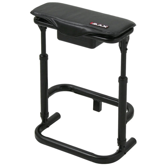 A black padded stool with a rectangular seat and a lower storage compartment stands on four sturdy legs. It is designed for comfort and support in various settings.