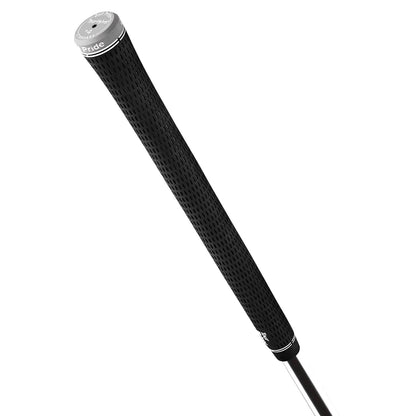 A black golf club grip is vertically positioned showing its textured surface and metal shaft reflecting light suggesting it is either new or well-maintained ready for use in a game