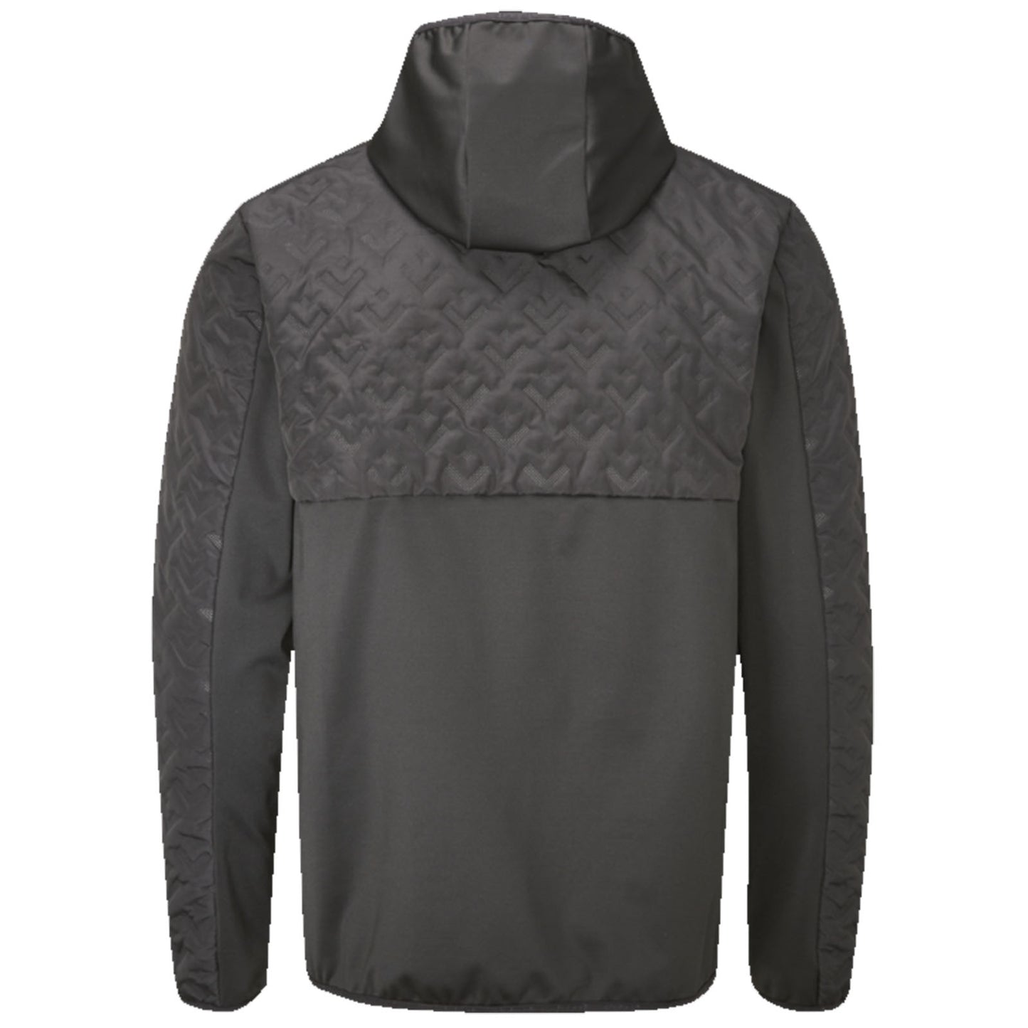 A dark gray jacket with a hood features a textured upper section and smooth lower section showcasing a modern design suitable for outdoor activities or casual wear.