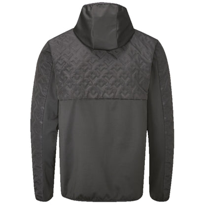 A dark gray jacket with a hood features a textured upper section and smooth lower section showcasing a modern design suitable for outdoor activities or casual wear.