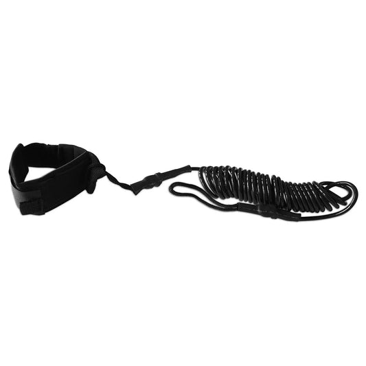 A coiled black elastic leash with a padded strap on one end is designed to secure a user. It is laid flat against a plain background.