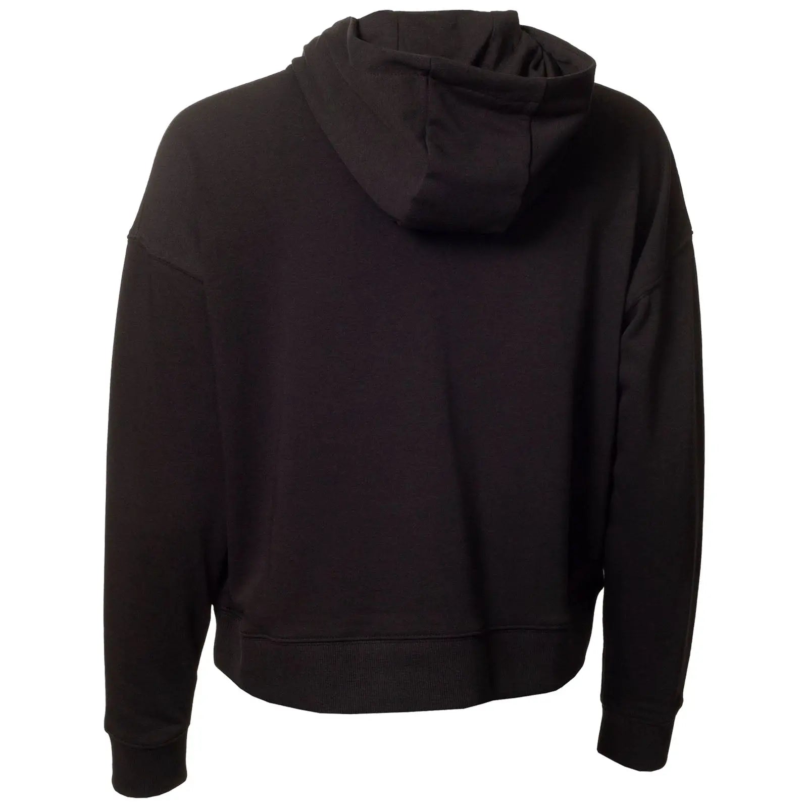 A black hoodie is displayed hanging with its back view visible showcasing a large hood and loose-fitting design in a plain light background suggesting casual wear.